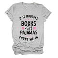 Detail of grey cotton T-shirt featuring Books and Pajamas slogan with pink book icons - Light Grey (Black Text)