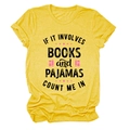 Detail of soft heather yellow cotton T-shirt featuring black slogan and book icons - Yellow (Black Text)