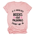 Detail of pink cotton t-shirt with books and pajamas text and soft heathered texture - Pink (Black Text)