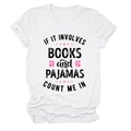 Close-up of white cotton T-shirt with 'books and pajamas' slogan and star icons - White (Black Text)