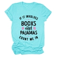 Detail of turquoise cotton T-shirt featuring black slogan and pink book icons - Deep Water Blue (Black Text)