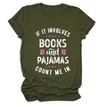 Detail of soft olive green cotton T-shirt with books and pajamas slogan print - Army Green (White Text)