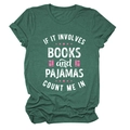 Close-up of dark green t-shirt fabric texture with books and pajamas text print - Retro Green (White Text)