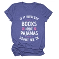 Close-up of violet blue graphic t-shirt with books and pajamas slogan print detail - Retro Blue (White Text)