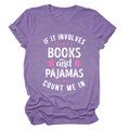Detail of purple cotton T-shirt featuring high-quality white book lover slogan print - Purple (White Text)