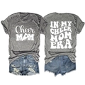 Detail of grey Cheer Mom T-shirts with white printed text and blue ripped denim shorts - S / Dark Gray (White Font)