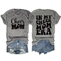 Front and back detail of grey Cheer Mom Era t-shirt with blue ripped denim shorts - S / Dark Grey (Black Font)