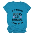 Detail of turquoise cotton t-shirt with 'Books and Pajamas' slogan and graphic print - Lake Blue (Black Text)