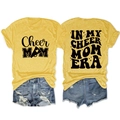 Front and back detail of ginger Cheer Mom T-shirt with vintage retro graphic printing - Yellow (Black Font)