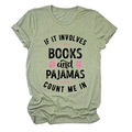 Detail view of cotton t-shirt with books and pajamas slogan print and pink graphics - Olive Green (Black Text)