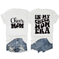 Close-up of dual-sided print on casual cotton t-shirt with Cheer Mom retro design - White (Black Font)