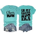 Front and back view of In My Cheer Mom Era t-shirt with ripped denim shorts - Deep Water Blue (Black Font)
