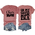 Front and back views of a heather pink Cheer Mom Era t-shirt with retro typography - Rose Gold (Black Font)