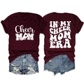 Detail showing the front and back of the burgundy Cheer Mom graphic t-shirt with print - Wine Red (White Font)