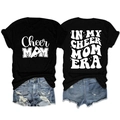 Black round neck t-shirt with Cheer Mom print paired with blue distressed denim shorts - Black (White Font)