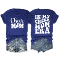 Dark blue Cheer Mom T-shirt with vintage white lettering and megaphone graphic style - Vintage Blue (White Font)