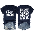 Front and back view of navy blue T-shirt featuring In My Cheer Mom Era white print - Navy Blue (White Font)