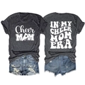 Detailed front and back view of dark gray T-shirt with white Cheer Mom graphics - Heater Grey (White Font)