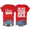 Front and back view of red Cheer Mom cotton T-shirt with vintage artistic lettering print - Red (White Font)