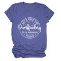 Detail of purple cotton T-shirt with white circular graphic print and humorous text - Retro Blue (White Font)