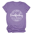 Close-up of white circular graphic print and heather purple fabric on summer cotton t-shirt - Purple (White Font)