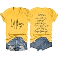 Vue avant et arrière du t-shirt jaune moutarde col V et du short en jean bleu délavé - Jaune (Police Noire)