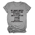 Close-up of My Smart Mouth slogan print on a heather grey cotton t-shirt with crew neck - S / Dark Grey (Black Font)