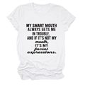 Detail of white cotton crewneck t-shirt with black slogan print and rolled sleeve cuffs - White (Black Font)
