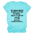 Detail of blue cotton T-shirt featuring funny text print and smooth crew neck fabric - Deep Water Blue (Black Font)