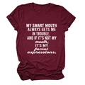 Detail of burgundy cotton crewneck T-shirt with white smart mouth graphic print - Wine Red (White Font)