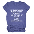 Detail of soft heather purple t-shirt fabric with white 'My smart mouth' quote print - Vintage Blue (White Font)