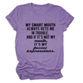 Detail of purple cotton blend T-shirt fabric with black slogan print on the chest - Purple (Black Font)