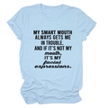 Close-up of My Smart Mouth slogan print on light blue cotton crew neck t-shirt - Light Blue (Black Font)