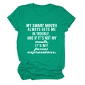 Detailed view of emerald green cotton T-shirt featuring white smart mouth slogan print - Dark Green (White Font)