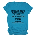 Close-up of humorous text print on blue cotton T-shirt with comfortable round neckline - Lake Blue (Black Font)