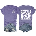 Detail of dog groomer print on purple heather t-shirt and distressed denim shorts set - Purple (White Font)