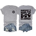 Detailed front and back view of gray short sleeve tee with dog groomer graphic - Light Grey (Black Font)