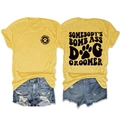 Flat lay of mustard yellow T-shirt with vintage dog groomer print and denim shorts - Yellow (Black Font)
