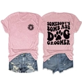 Front and back view of a pink dog groomer slogan t-shirt with blue denim shorts - Pink (Black Font)