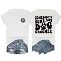 Detail view of double-sided dog groomer print on white cotton crewneck t-shirt - White (Black Font)