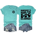 Flat lay of dog groomer graphic tee in teal with denim shorts on white background - Deep Water Blue (Black Font)