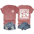 Detailed front and back view of red-brown dog groomer t-shirt with white printed lettering - Rose Gold (White Font)