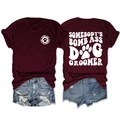 Flat lay of burgundy t-shirt with dog groomer print and ripped denim shorts - Wine Red (White Font)