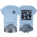 Light blue t-shirt with dog groomer print and denim shorts set on white background - Light Blue (Black Font)
