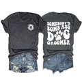 Front and back view of grey dog groomer t-shirt with blue denim shorts on white background - Heather Grey (White Font)
