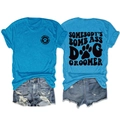 Detailed front and back views of dog groomer T-shirt and ripped denim shorts set - Lake Blue (Black Font)