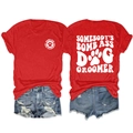Front and back view of red cotton T-shirt with dog groomer slogan and denim shorts - Red (White Font)