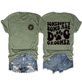 Detail view showing front and back prints of the green dog groomer graphic t-shirt - Olive Green (Black Font)