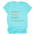 Detail eines blaugrünen T-Shirts mit buntem weird aunts build character Aufdruck - S / Oberteile / Tiefwasserblau