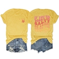Détails à plat montrant l'avant et l'arrière du t-shirt moutarde avec imprimé crâne - Jaune